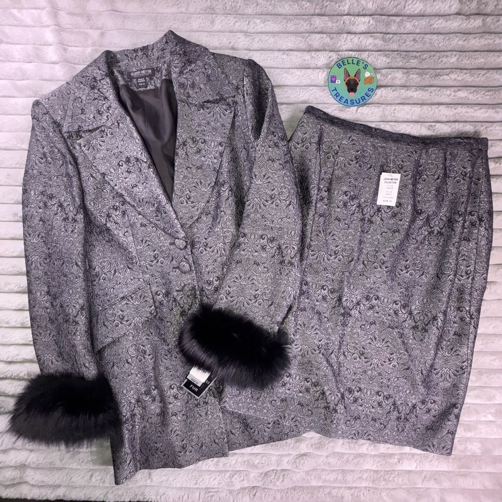 NEW JOHN MEYER Skirt Suit Sz 10 Black & Shimmer Jacquard Blazer Fur Cuffs Church